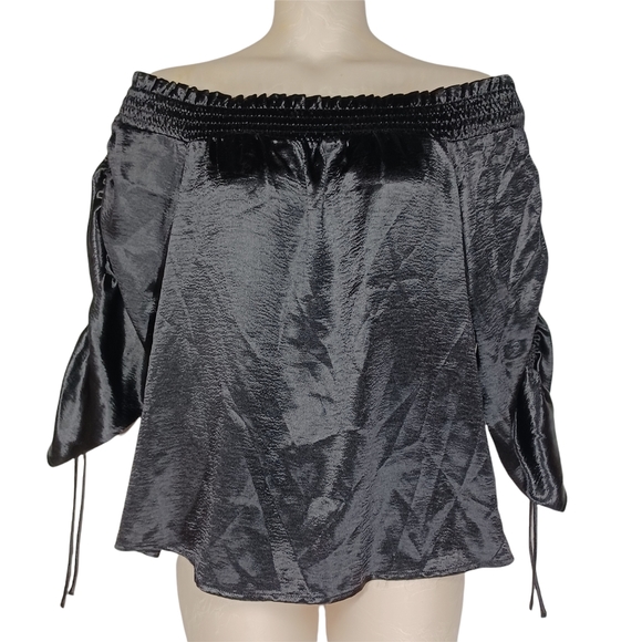 PROJECT RUNWAY Cinch Sleeve Smocked Off The Shoulder Sheen Black Top XL NWT - Picture 2 of 10